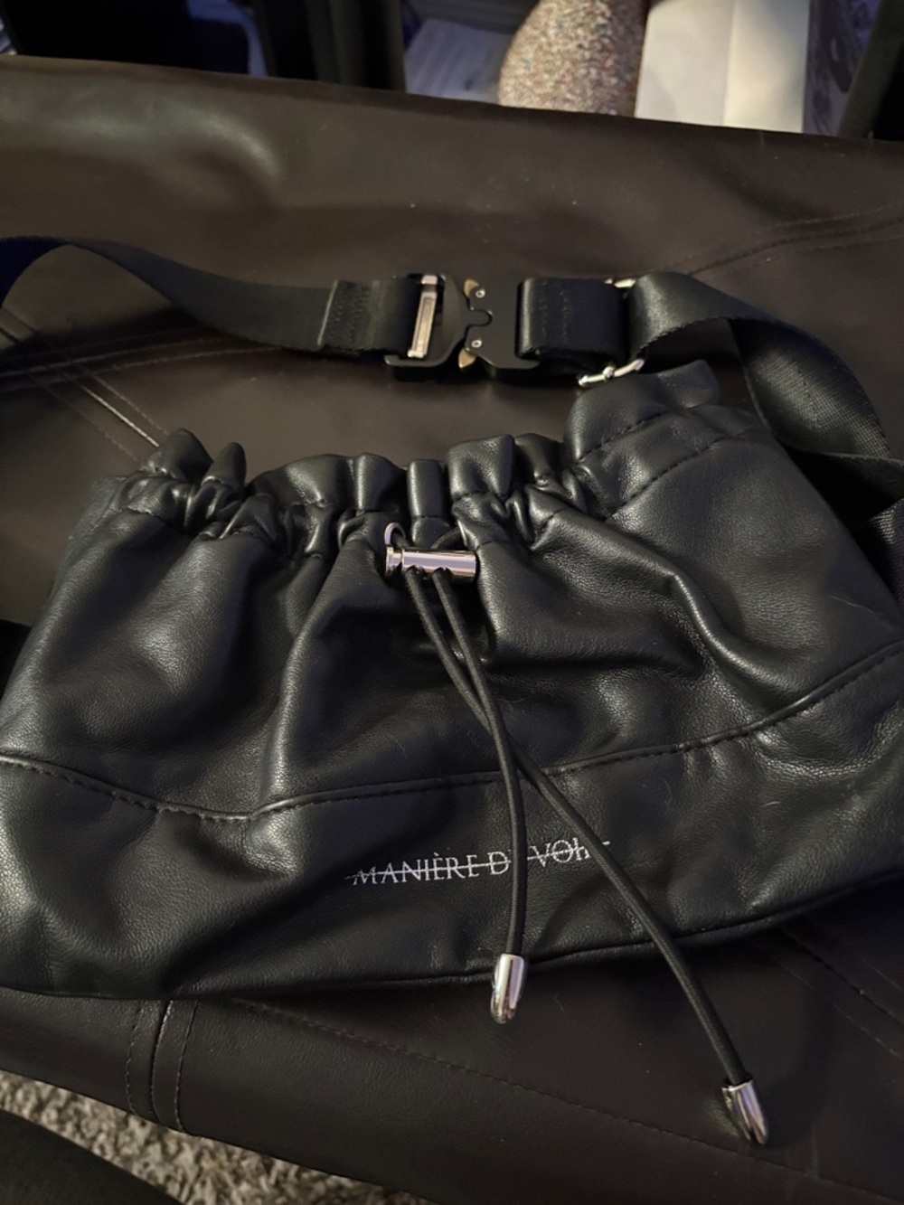Maniere De Voir Black Leather Drawstring Crossbody